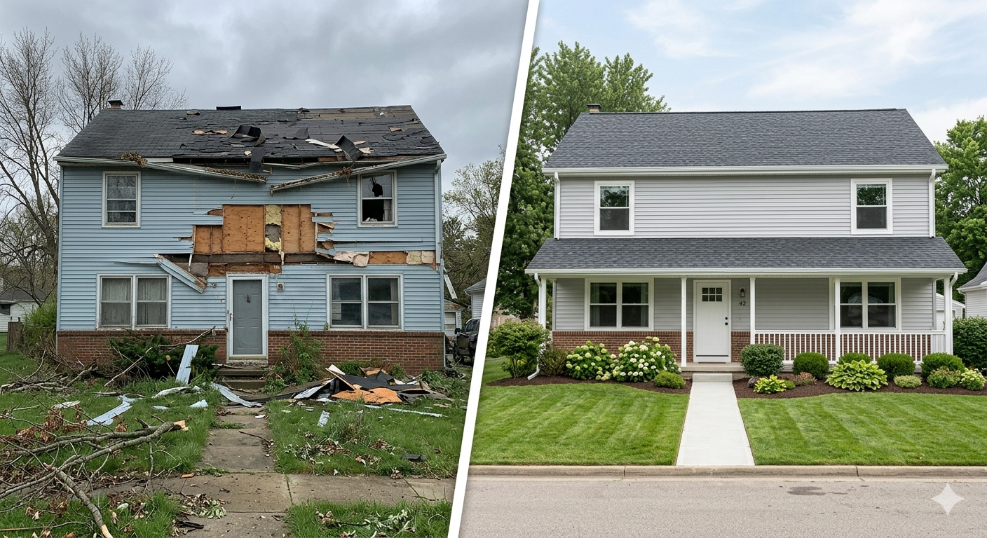 Before and after storm damage restoration on a Dallas-Fort Worth home by Cinque Contracting