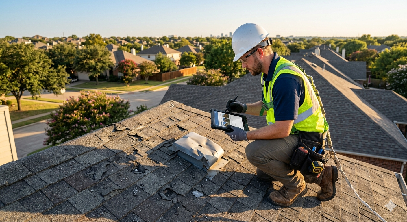 Cinque Contracting professional inspecting storm damage on a DFW residential roof with tablet documentation