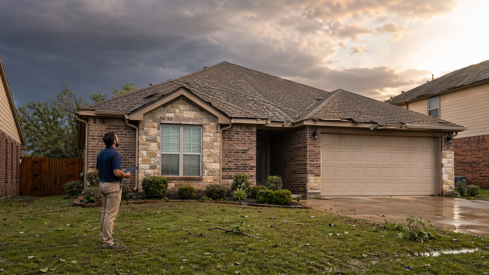 Storm-damaged home exterior in Dallas-Fort Worth after hail and wind damage