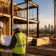 Construction crew reviewing blueprints at a Dallas-Fort Worth job site with steel and wood framing, stacked lumber, and the city skyline at sunset