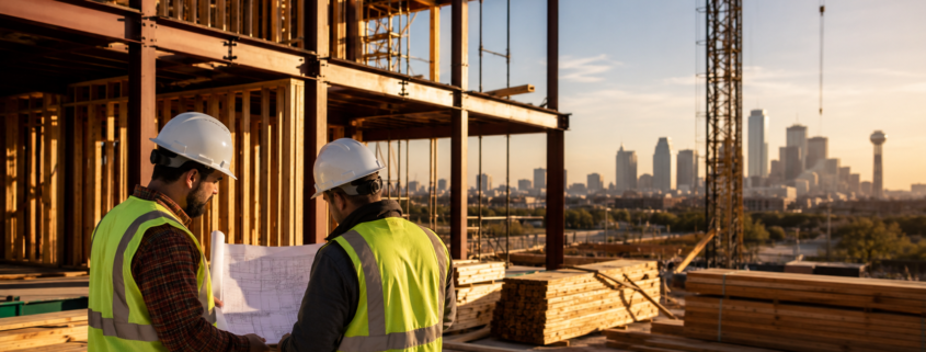 Construction crew reviewing blueprints at a Dallas-Fort Worth job site with steel and wood framing, stacked lumber, and the city skyline at sunset