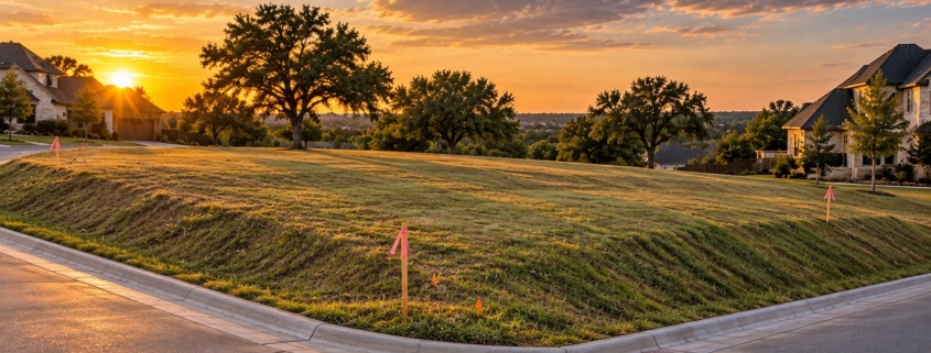 Survey stakes on a city corner lot in Dallas before construction