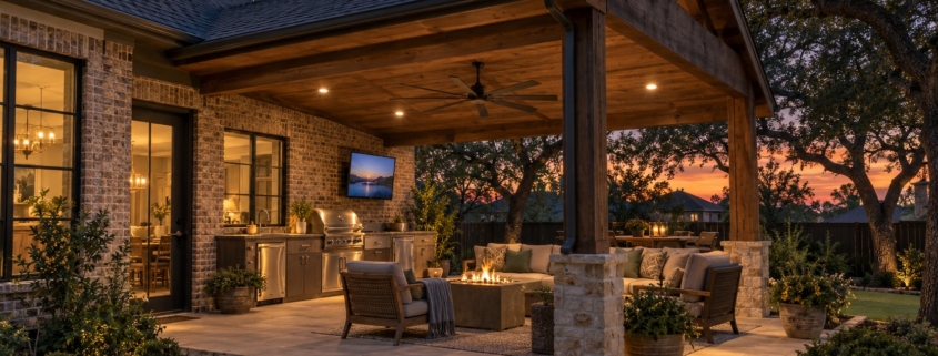 Covered patio with outdoor kitchen and fireplace on a fall evening in DFW
