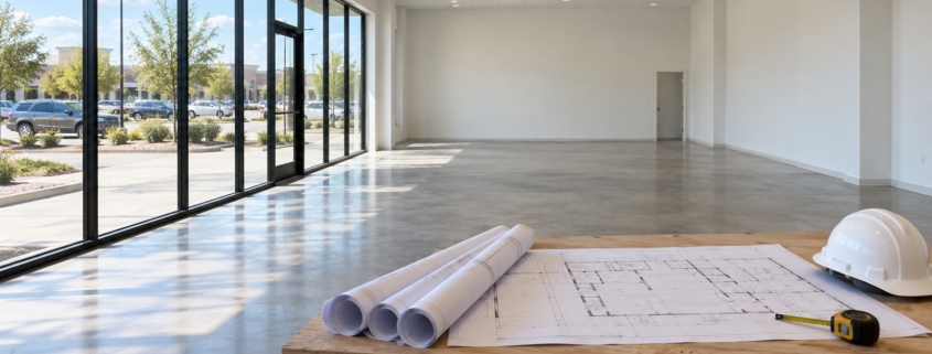Vanilla shell retail space in DFW with finish-out plans on a sawhorse table