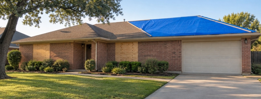 Brick home in Dallas with boarded-up windows and a blue roof tarp after a fire